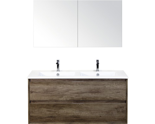 Set de meubles de salle de bains sanox Porto 120 cm nebraska oak 3 pièces meuble bas avec lavabo double en céramique et armoire à miroir