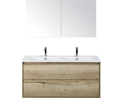 Set de meubles de salle de bains sanox Porto 120 cm chêne nature 3 pièces meuble bas avec lavabo double en céramique et armoire à miroir