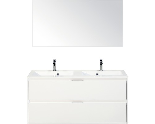 Badmöbel-Set sanox Porto 120 cm weiss hochglanz 3-teilig Unterschrank inkl. Mineralgussdoppelwaschbecken und Spiegel