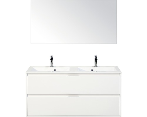 Set de meubles de salle de bains sanox Porto 120 cm blanc haute brillance 3 pièces meuble bas avec lavabo double en fonte minérale et miroir