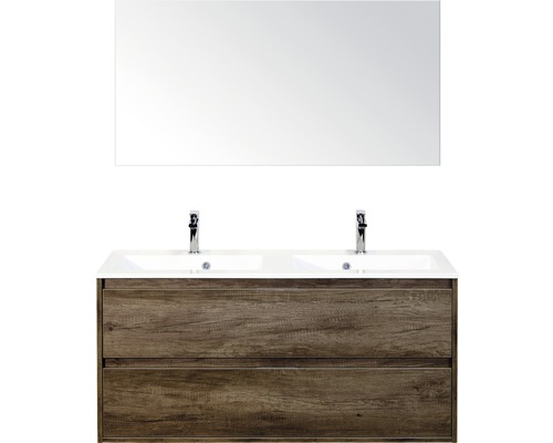 Set de meubles de salle de bains sanox Porto 120 cm nebraska oak 3 pièces meuble bas avec lavabo double en fonte minérale et miroir