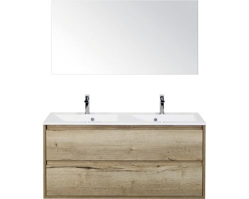 Badmöbel-Set sanox Porto 120 cm eiche natur 3-teilig Unterschrank inkl. Mineralgussdoppelwaschbecken und Spiegel