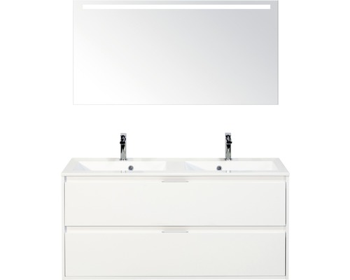 Set de meubles de salle de bains sanox Porto 120 cm blanc haute brillance 3 pièces meuble avec avec lavabo double en fonte minérale et miroir LED