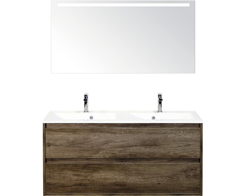 Set de meubles de salle de bains sanox Porto 120 cm nebraska oak 3 pièces meuble avec avec lavabo double en fonte minérale et miroir LED