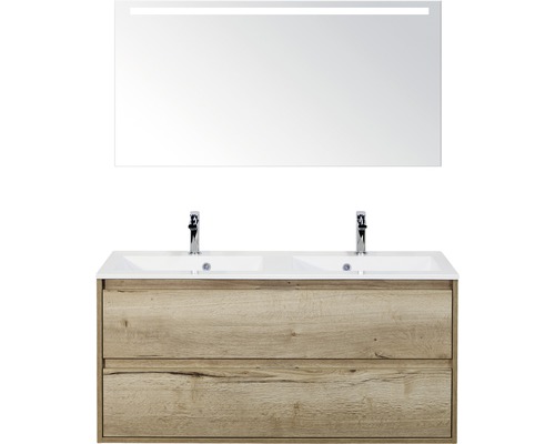 Badmöbel-Set sanox Porto 120 cm eiche natur 3-teilig Unterschrank inkl. Mineralgussdoppelwaschbecken und LED-Spiegel