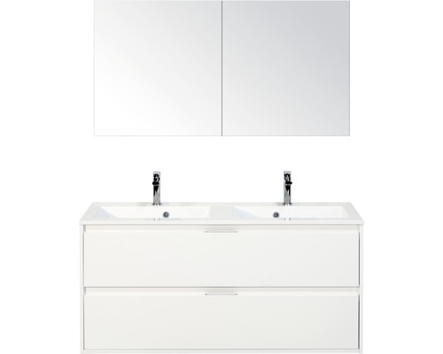 Set de meubles de salle de bains sanox Porto 120 cm blanc haute brillance 3 pièces meuble bas avec lavabo double en fonte minérale et armoire à miroir