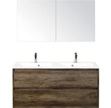 Combinaison de meuble-lavabo avec miroir, lavabo et meuble bas en décor bois pour la salle de bains