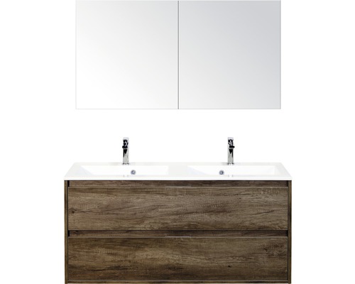 Set de meubles de salle de bains sanox Porto 120 cm nebraska oak 3 pièces meuble bas avec lavabo double en fonte minérale et armoire à miroir