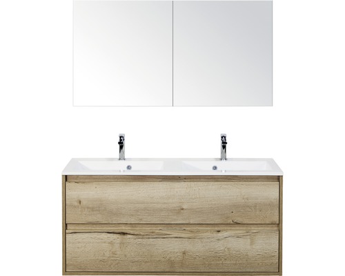 Set de meubles de salle de bains sanox Porto 120 cm chêne nature 3 pièces meuble bas avec lavabo double en fonte minérale et armoire à miroir