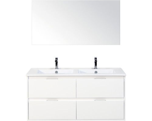 Set de meubles de salle de bains sanox Porto 120 cm blanc haute brillance 3 pièces meuble bas avec lavabo double en céramique et miroir