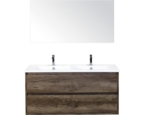 Set de meubles de salle de bains sanox Porto 120 cm nebraska oak 3 pièces meuble bas avec lavabo double en céramique et miroir