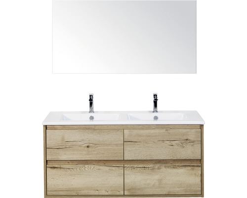 Set de meubles de salle de bains sanox Porto 120 cm chêne nature 3 pièces meuble bas avec lavabo double en céramique et miroir