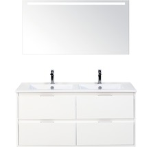 Waschtisch mit zwei Waschbecken, Unterschrank und Spiegel mit Beleuchtung