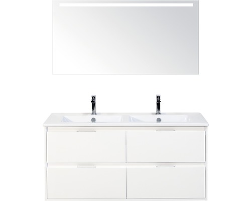 Badmöbel-Set sanox Porto 120 cm weiss hochglanz 3-teilig Unterschrank inkl. Keramikdoppelwaschbecken und LED-Spiegel