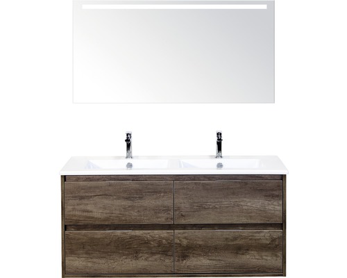 Set de meubles de salle de bains sanox Porto 120 cm nebraska oak 3 pièces meuble bas avec lavabo double en céramique et miroir LED