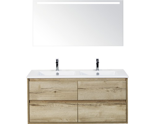 Set de meubles de salle de bains sanox Porto 120 cm chêne nature 3 pièces meuble bas avec lavabo double en céramique et miroir LED