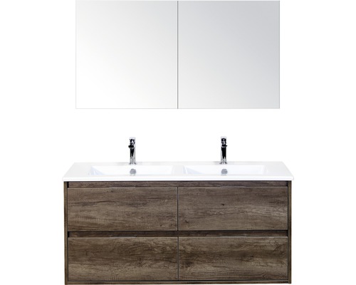 Set de meubles de salle de bains sanox Porto 120 cm nebraska oak 3 pièces meuble bas avec lavabo double en céramique et armoire à miroir