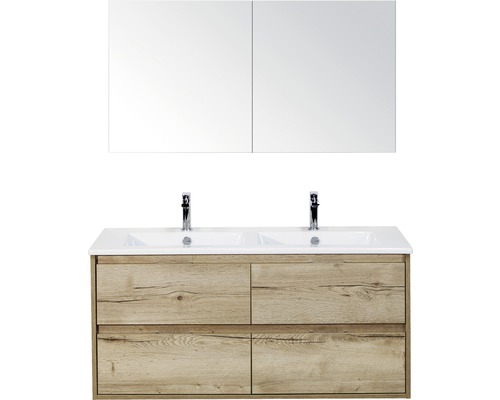 Set de meubles de salle de bains sanox Porto 120 cm chêne nature 3 pièces meuble bas avec lavabo double en céramique et armoire à miroir