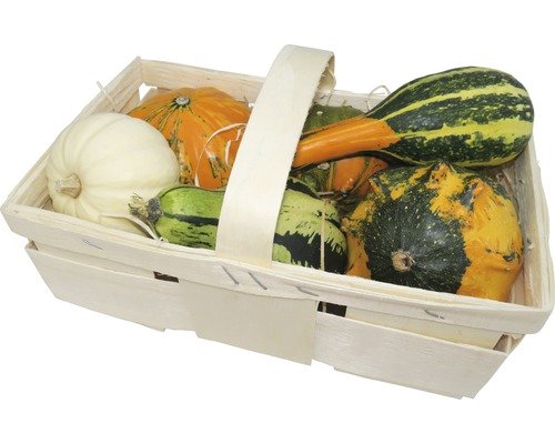 Panier en bois rempli de courges décoratives