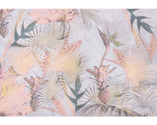 Papier peint panoramique papier 8-212 Tropical Concrete 8 pces 368 x 254 cm Papier peint tropical avec ananas et feuilles