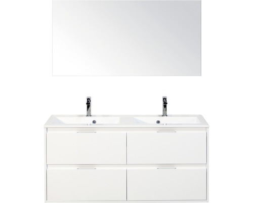 Set de meubles de salle de bains sanox Porto 120 cm blanc haute brillance 3 pièces meuble bas avec lavabo double en fonte minérale et miroir