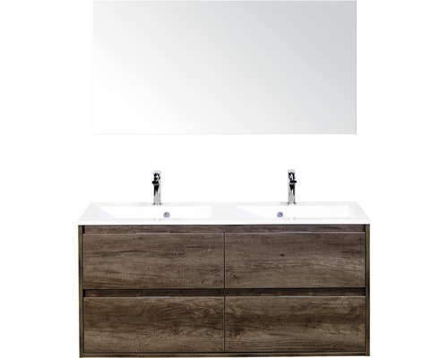 Badmöbel-Set sanox Porto 120 cm nebraska oak 3-teilig Unterschrank inkl. Mineralgussdoppelwaschbecken und Spiegel
