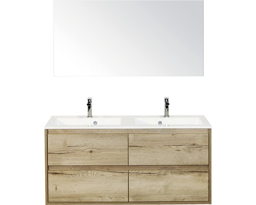 Badmöbel-Set sanox Porto 120 cm eiche natur 3-teilig Unterschrank inkl. Mineralgussdoppelwaschbecken und Spiegel