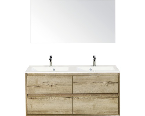 Set de meubles de salle de bains sanox Porto 120 cm chêne nature 3 pièces meuble bas avec lavabo double en fonte minérale et miroir