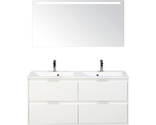 Set de meubles de salle de bains sanox Porto 120 cm blanc haute brillance 3 pièces meuble avec avec lavabo double en fonte minérale et miroir LED