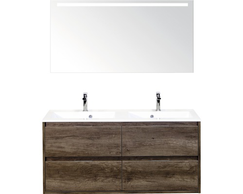 Set de meubles de salle de bains sanox Porto 120 cm nebraska oak 3 pièces meuble avec avec lavabo double en fonte minérale et miroir LED