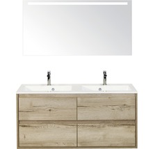 Meuble-lavabo avec deux lavabos, robinets, aspect bois et miroir LED