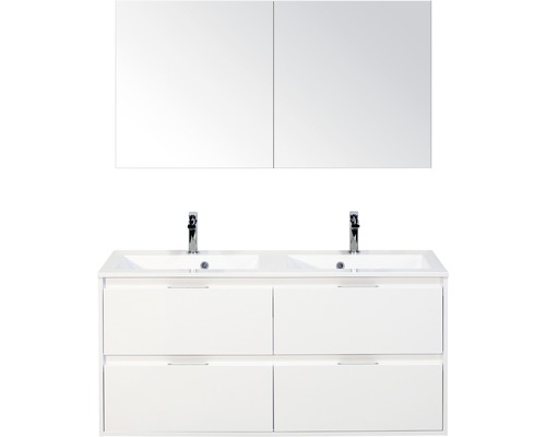 Set de meubles de salle de bains sanox Porto 120 cm blanc haute brillance 3 pièces meuble bas avec lavabo double en fonte minérale et armoire à miroir