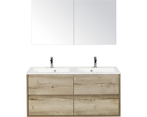 Set de meubles de salle de bains sanox Porto 120 cm chêne nature 3 pièces meuble bas avec lavabo double en fonte minérale et armoire à miroir