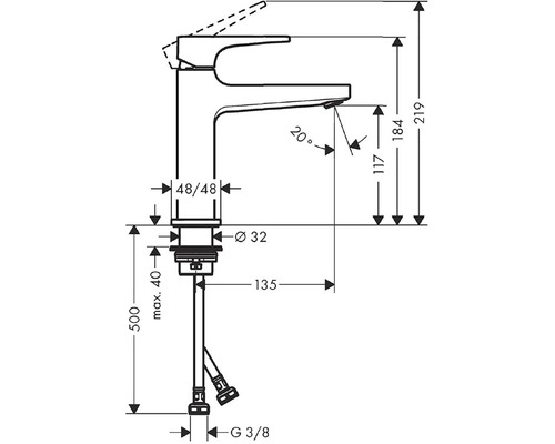 Dessin technique d''un robinet de lavabo avec dimensions