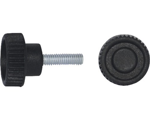 Rändelgriffschraube Ø 32 mm M10x20 schwarz, 20 Stück Rändelschraube mit Gewinde in Seiten- und Vorderansicht