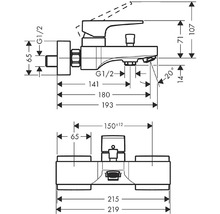 Technische Zeichnung einer Armatur mit Massangaben
