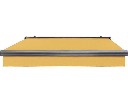 Gelbe Gelenkarmmarkise mit grauer Kassette