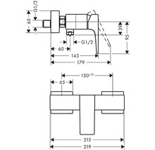 Masszeichnung einer Armatur mit verschiedenen Grössenangaben