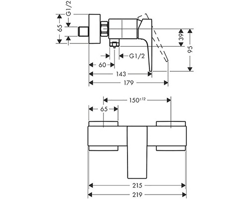 Masszeichnung einer Armatur mit verschiedenen Grössenangaben