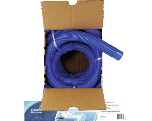 Tuyau de piscine bleu au mètre dans un emballage en carton