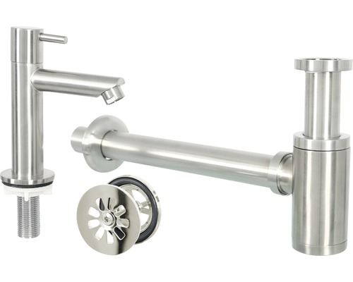 Waschtischarmatur, Siphon und Ablaufgarnitur aus Metall