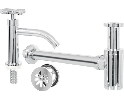 Waschtischarmatur, Siphon und Ablaufgarnitur aus Metall