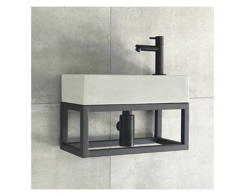 Waschtisch mit Aufsatzwaschbecken, Armatur und schwarzem Metallgestell zur Wandmontage