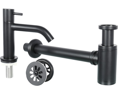 Waschtischarmatur, Siphon und Ablaufgarnitur aus Metall