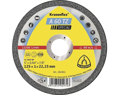 Disque à tronçonner Klingspor A 60 TZ Spécial Ø 125x22.23 mm