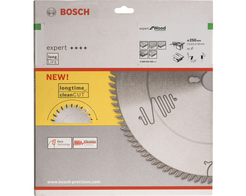 Logo Bosch. Lame de scie Bosch Expert Wood d''un diamètre de 250 millimètres.