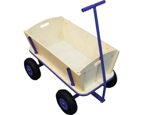 Chariot à bras avec caisse en bois et cadre bleu