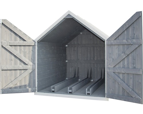 Abri à vélos en bois avec portes battantes ouvertes et supports pour vélos