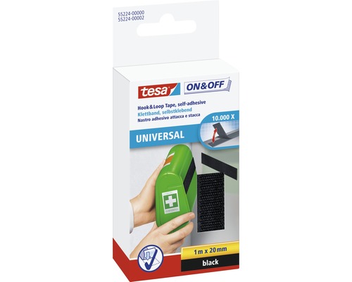 Ruban auto-agrippant tesa® On&Off noir 1 m x 20 mm Bande auto-agrippante Tesa auto-adhésive, 1 mètre sur 20 millimètres, noire, emballage