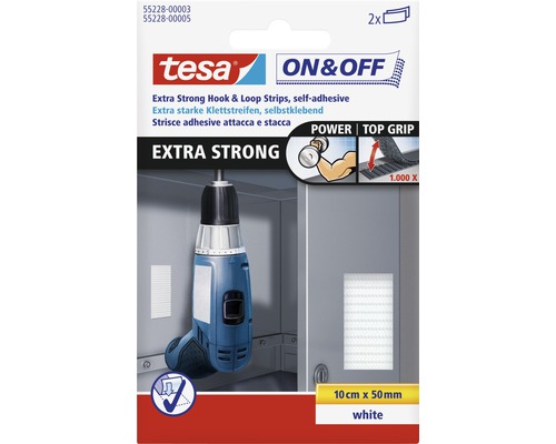 Bandes auto-agrippantes tesa® On&Off ultra résistantes blanches 10 cm x 50 mm Tesa Bandes Velcro extra fortes, auto-adhésives, 10 cm x 50 mm